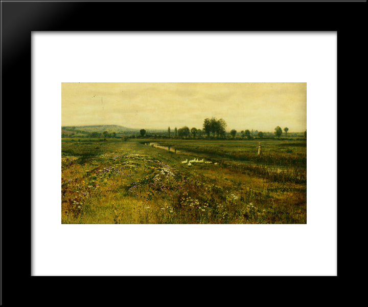 An Extensive Meadow Landscape With Geese By A Stream 20x24 Black Modern Wood Framed Art Print Poster by Grimshaw, John Atkinson