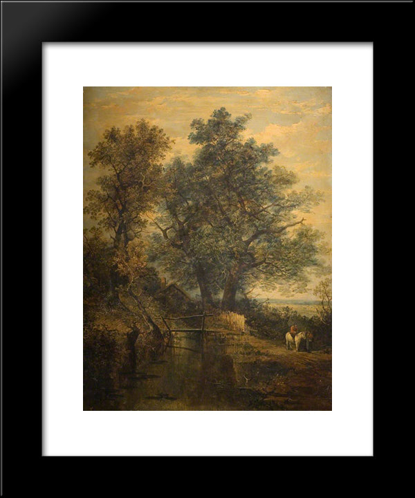 A Stream, Bridge, Trees And Two Figures In A Landscape 20x24 Black Modern Wood Framed Art Print Poster by Crome, John
