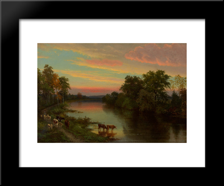 Sunset With Cows 20x24 Black Modern Wood Framed Art Print Poster by Kensett, John Frederick