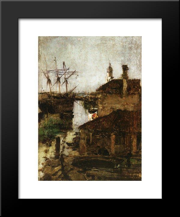 Ship And Dock, Venice 20x24 Black Modern Wood Framed Art Print Poster by Twachtman, John Henry