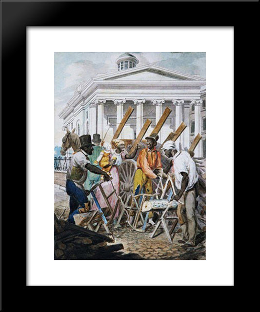 Black Sawyers Working In Front Ot The Bank Of Pennsylvania, Philadelphia 20x24 Black Modern Wood Framed Art Print Poster by Krimmel, John Lewis