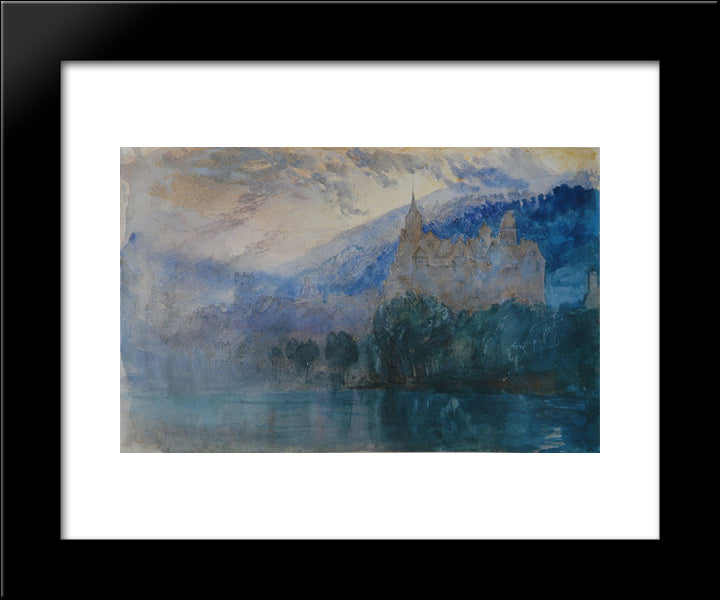 The Chateau Of Neuchatel At Dusk, With Jura Mountains Beyond 20x24 Black Modern Wood Framed Art Print Poster by Ruskin, John