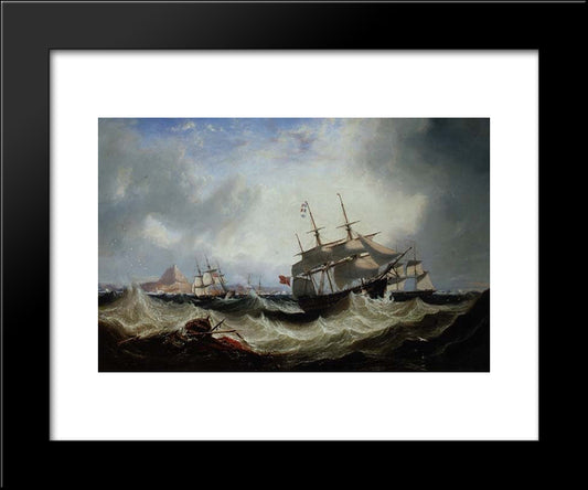 Shipping Off Gibraltar In Heavy Seas 20x24 Black Modern Wood Framed Art Print Poster by Carmichael, John Wilson