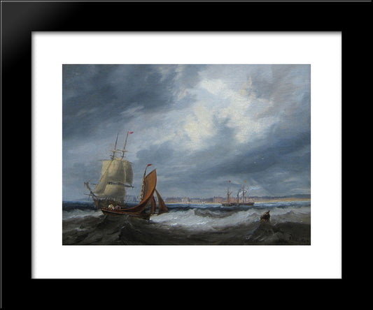 Shipping Off Seaham By John Wilson Carmichael 20x24 Black Modern Wood Framed Art Print Poster by Carmichael, John Wilson