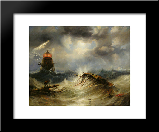 The Irwin Lighthouse, Storm Raging 20x24 Black Modern Wood Framed Art Print Poster by Carmichael, John Wilson