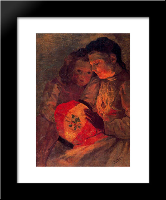 Children With The Lamp 20x24 Black Modern Wood Framed Art Print Poster by Solana, Jose Gutierrez