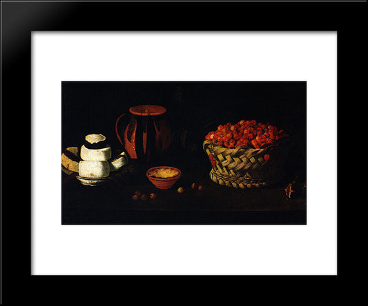 Cesta Com Cerejas, Queijos E Barros 20x24 Black Modern Wood Framed Art Print Poster by Obidos, Josefa de