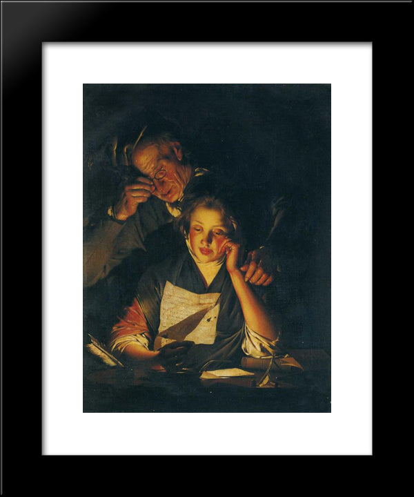 A Girl Reading A Letter, With An Old Man Reading Over Her Shoulder 20x24 Black Modern Wood Framed Art Print Poster by Wright, Joseph