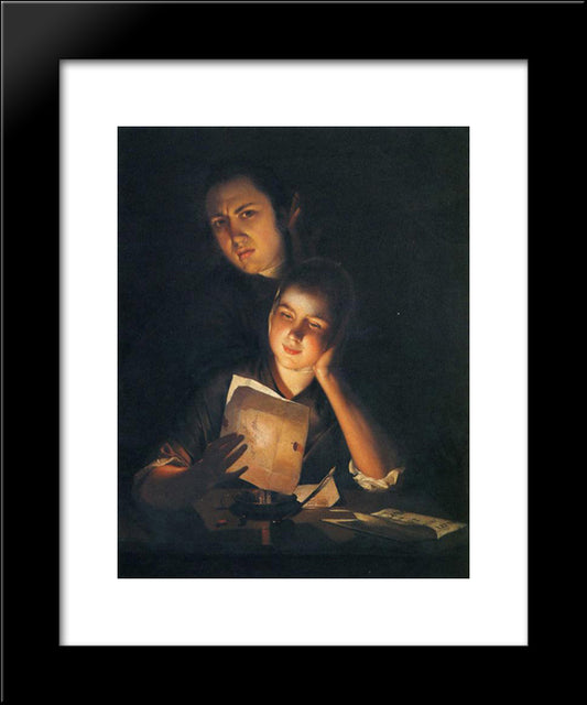 A Girl Reading A Letter By Candlelight, With A Young Man Peering Over Her Shoulder 20x24 Black Modern Wood Framed Art Print Poster by Wright, Joseph