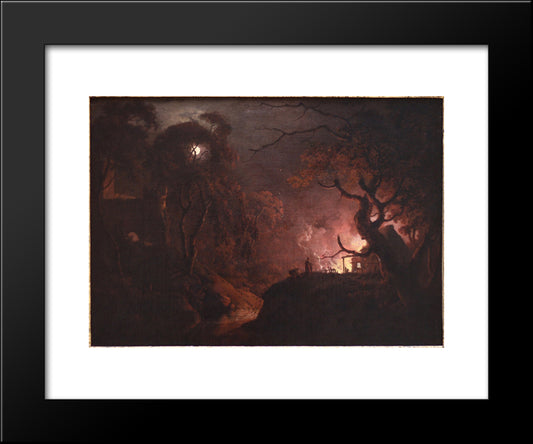 Cottage On Fire At Night 20x24 Black Modern Wood Framed Art Print Poster by Wright, Joseph