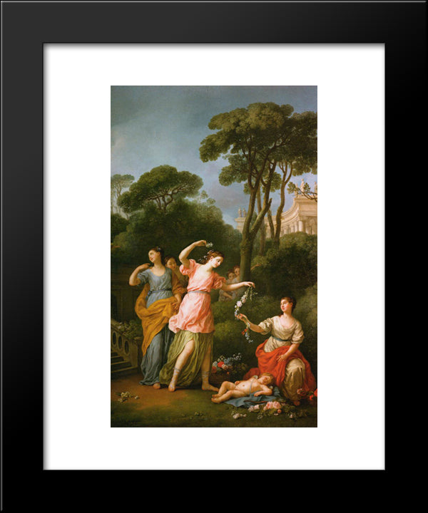 Greek Maidens Adorning A Sleeping Cupid With Flowers 20x24 Black Modern Wood Framed Art Print Poster by Vien, Joseph Marie