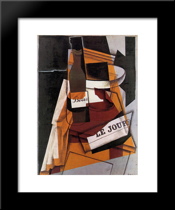 Bottle, Newspaper And Fruit Bowl 20x24 Black Modern Wood Framed Art Print Poster by Gris, Juan
