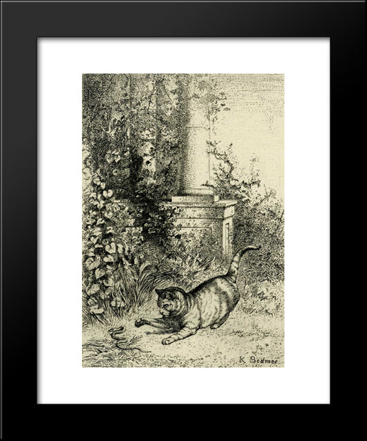 Cat Playing With An Adder 20x24 Black Modern Wood Framed Art Print Poster by Bodmer, Karl