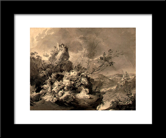 Ruined Towers Overlooking The Rhine 20x24 Black Modern Wood Framed Art Print Poster by Bodmer, Karl