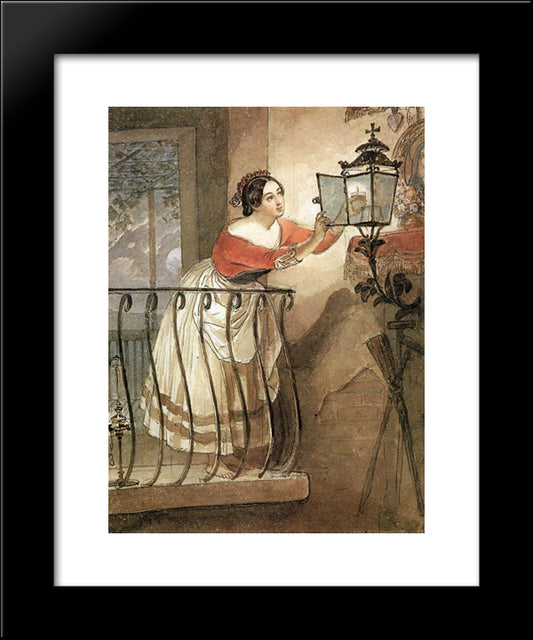 Italian Woman Lightning A Lamp In Front Of The Image Of Madonna 20x24 Black Modern Wood Framed Art Print Poster by Bryullov, Karl