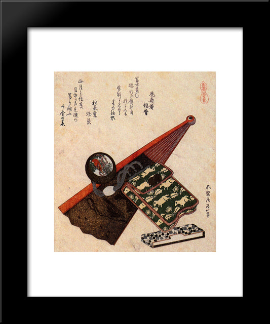 A Leather Pouch With Kagami 20x24 Black Modern Wood Framed Art Print Poster by Hokusai, Katsushika