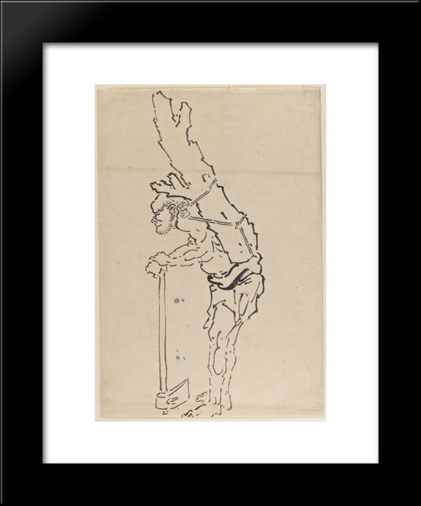 Drawing Of Man Resting On Axe And Carrying Part Of Tree Trunk On His Back 20x24 Black Modern Wood Framed Art Print Poster by Hokusai, Katsushika