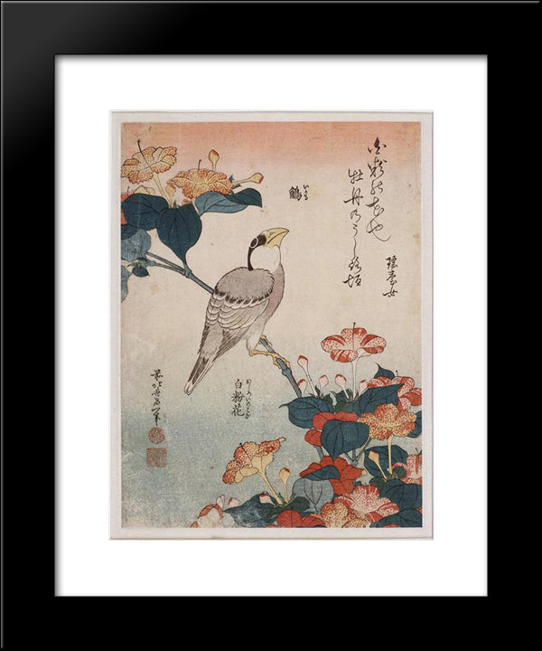 Grosbeak And Mirabilis 20x24 Black Modern Wood Framed Art Print Poster by Hokusai, Katsushika