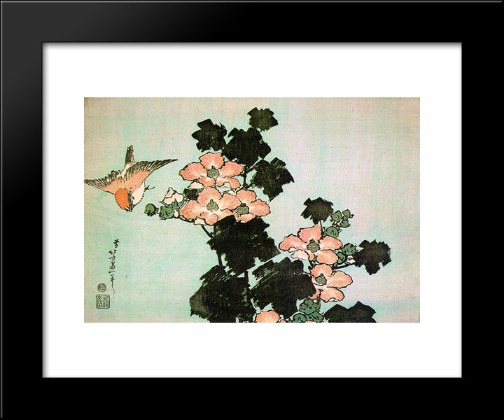 Hibiscus And Sparrow 20x24 Black Modern Wood Framed Art Print Poster by Hokusai, Katsushika