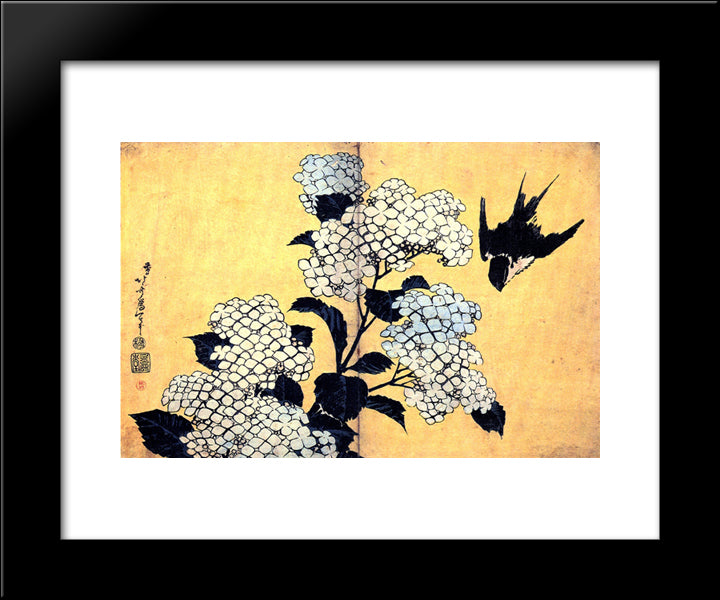 Hydrangea And Swallow 20x24 Black Modern Wood Framed Art Print Poster by Hokusai, Katsushika