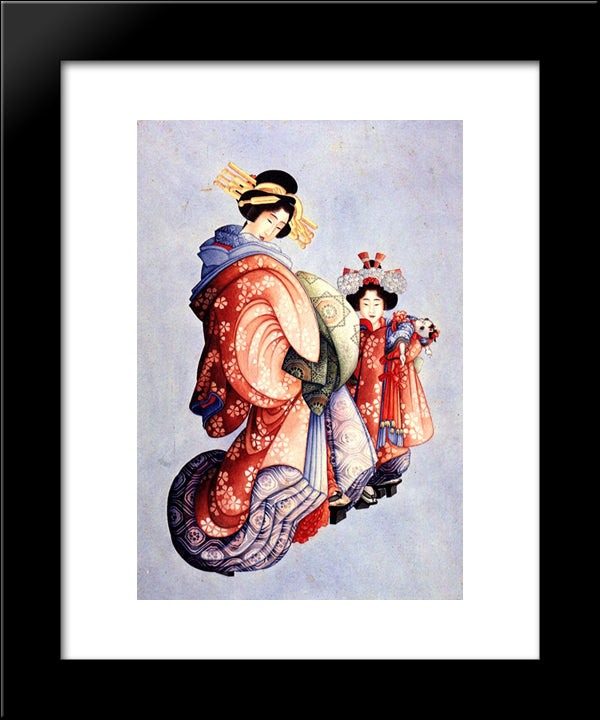 Oiran And Kamuro 20x24 Black Modern Wood Framed Art Print Poster by Hokusai, Katsushika