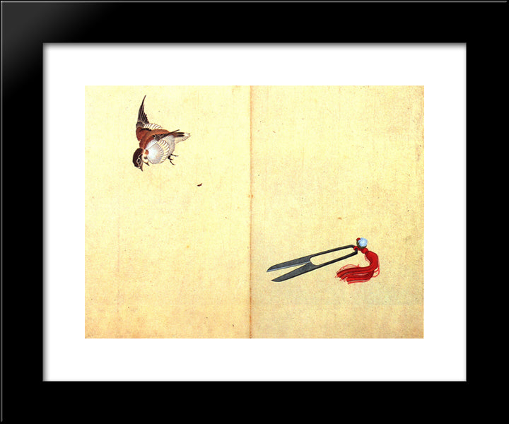 Pair Of Sissors And Sparrow 20x24 Black Modern Wood Framed Art Print Poster by Hokusai, Katsushika