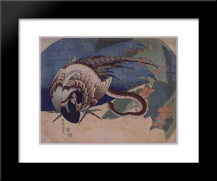 Pheasant And Snake 20x24 Black Modern Wood Framed Art Print Poster by Hokusai, Katsushika