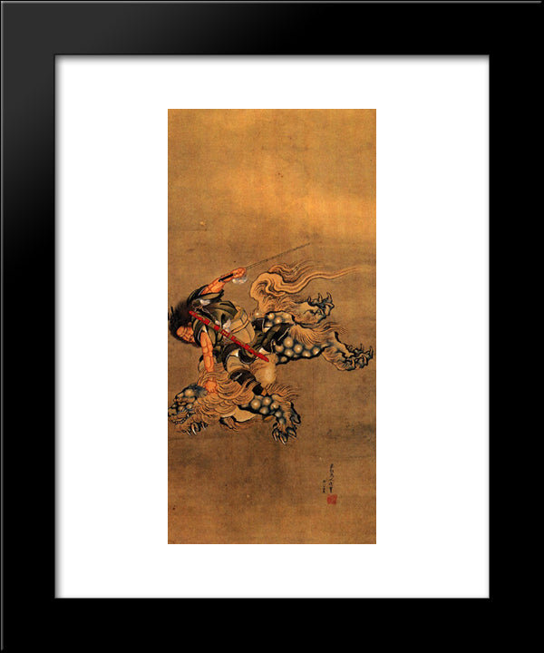 Shoki Riding A Shishi Lion 20x24 Black Modern Wood Framed Art Print Poster by Hokusai, Katsushika