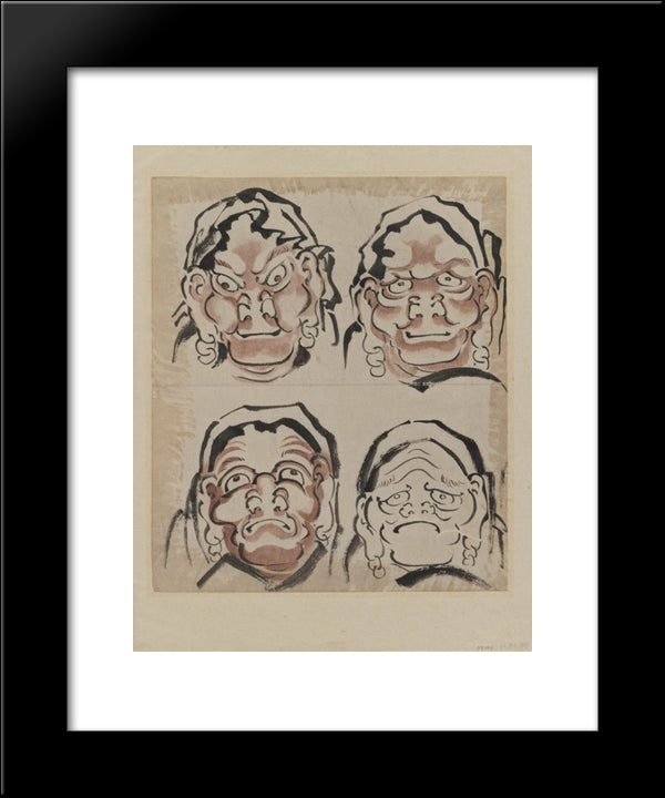Sketch Of Four Faces 20x24 Black Modern Wood Framed Art Print Poster by Hokusai, Katsushika