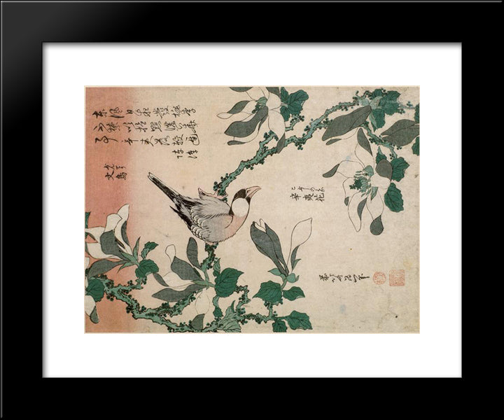 Sparrow And Magnolia 20x24 Black Modern Wood Framed Art Print Poster by Hokusai, Katsushika