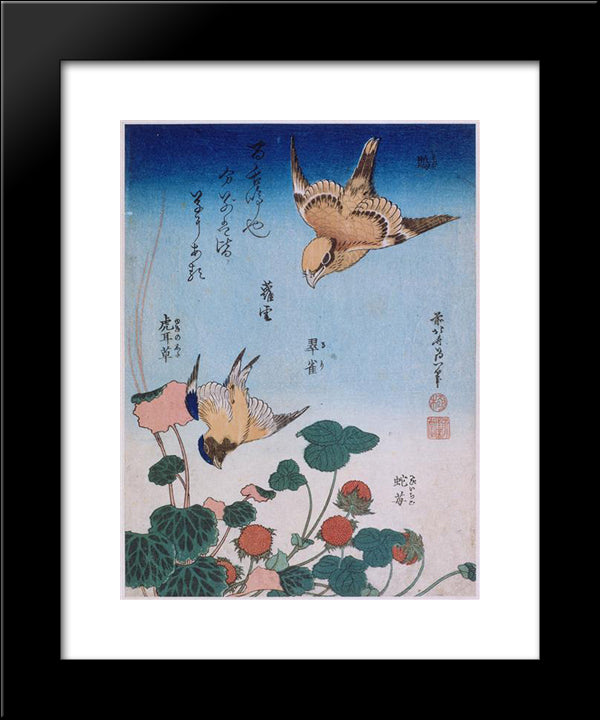 Swallow And Begonia And Strawberry Pie  20x24 Black Modern Wood Framed Art Print Poster by Hokusai, Katsushika