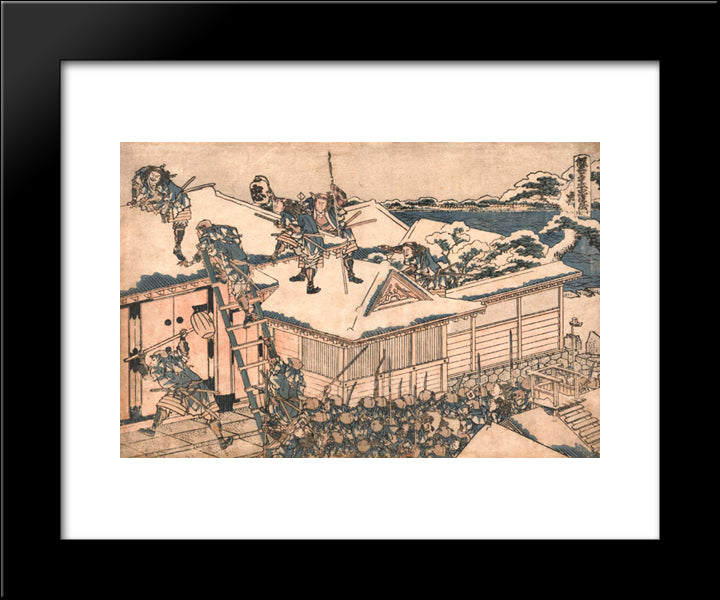 The Ronin Attack The Principal Gate Of Kira'S Mansion 20x24 Black Modern Wood Framed Art Print Poster by Hokusai, Katsushika