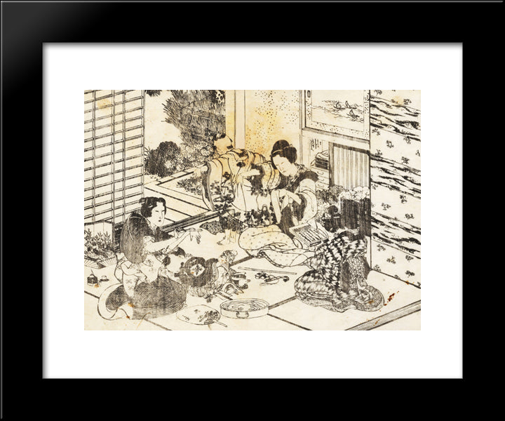 Three Women And Two Children 20x24 Black Modern Wood Framed Art Print Poster by Hokusai, Katsushika