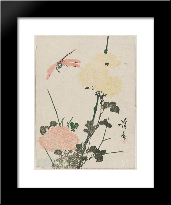 Chrysanthemums And Dragonfly 20x24 Black Modern Wood Framed Art Print Poster by Eisen, Keisai