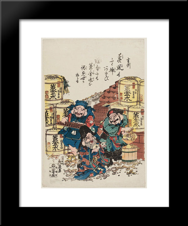 Daikoku, Ebisu, And Fukurokuju Counting Money 20x24 Black Modern Wood Framed Art Print Poster by Eisen, Keisai