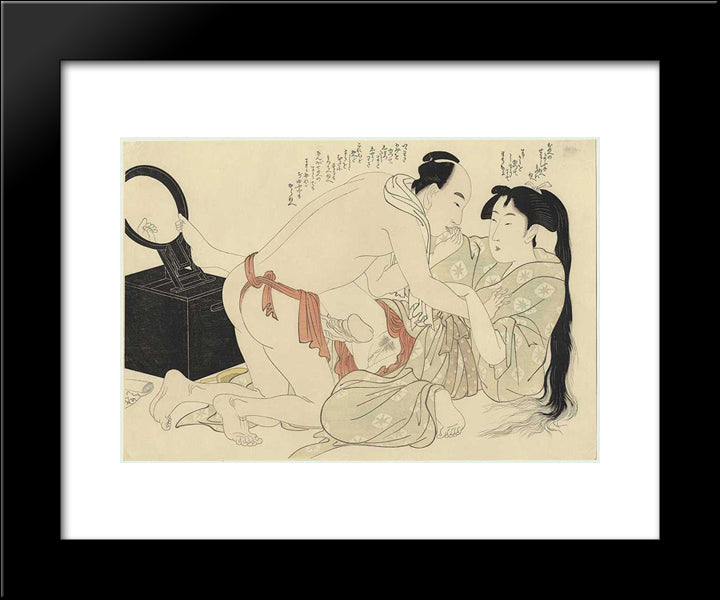 A Man Interrupts Woman Combing Her Long Hair 20x24 Black Modern Wood Framed Art Print Poster by Utamaro, Kitagawa