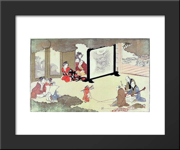 A Monkey Trainer Performing At A Noblemans House, 20x24 Black Modern Wood Framed Art Print Poster by Utamaro, Kitagawa