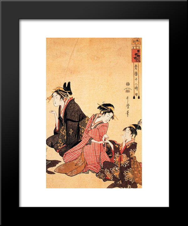 A Scene On The Bridge And Beld 20x24 Black Modern Wood Framed Art Print Poster by Utamaro, Kitagawa