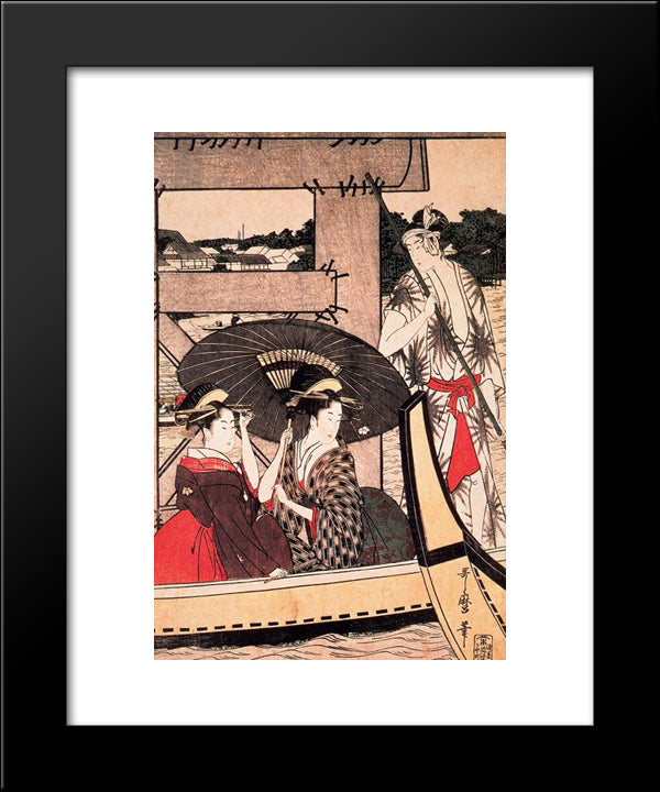 Enjoying The Cool Evening Breeze On And Under The Bridge 20x24 Black Modern Wood Framed Art Print Poster by Utamaro, Kitagawa