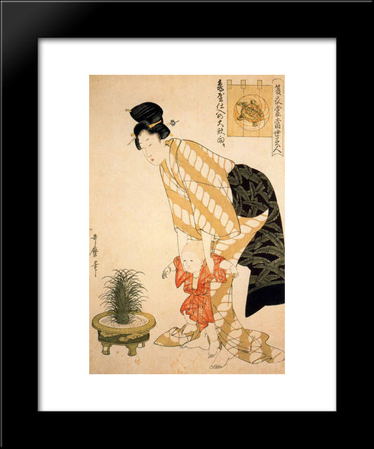 Flower Patterned Cotton 20x24 Black Modern Wood Framed Art Print Poster by Utamaro, Kitagawa