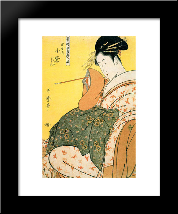 Komurasaki Of The Tamaya With Pipe In Hand 20x24 Black Modern Wood Framed Art Print Poster by Utamaro, Kitagawa