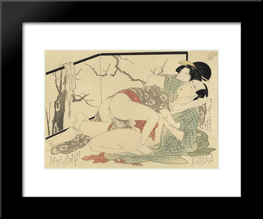 Lovers In Front Of A Screen 20x24 Black Modern Wood Framed Art Print Poster by Utamaro, Kitagawa