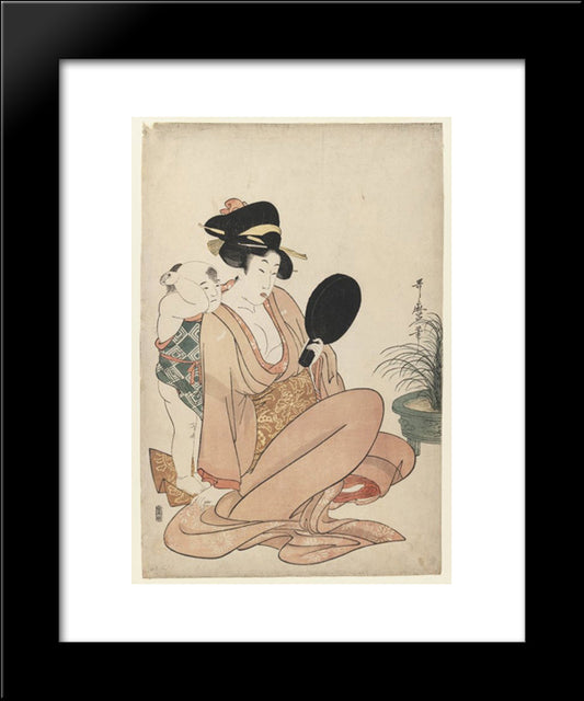 Mother And Child Gazing At A Hand Mirror 20x24 Black Modern Wood Framed Art Print Poster by Utamaro, Kitagawa