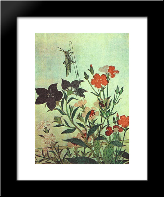 Rice Locust Red Dragonfly Pinks Chinese Bell Flowers 20x24 Black Modern Wood Framed Art Print Poster by Utamaro, Kitagawa