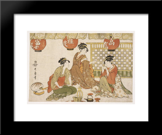 Three Seated Ladies With Lanterns 20x24 Black Modern Wood Framed Art Print Poster by Utamaro, Kitagawa