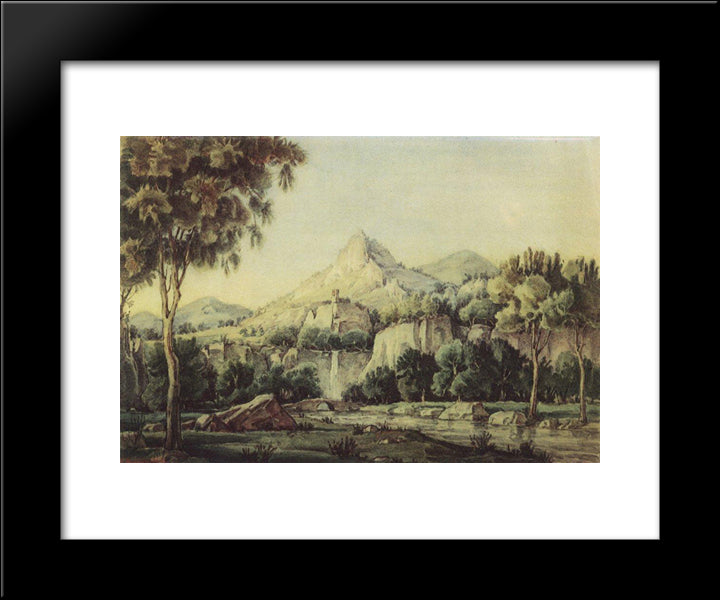 Landscape With Waterfall And Bridge 20x24 Black Modern Wood Framed Art Print Poster by Bogaevsky, Konstantin