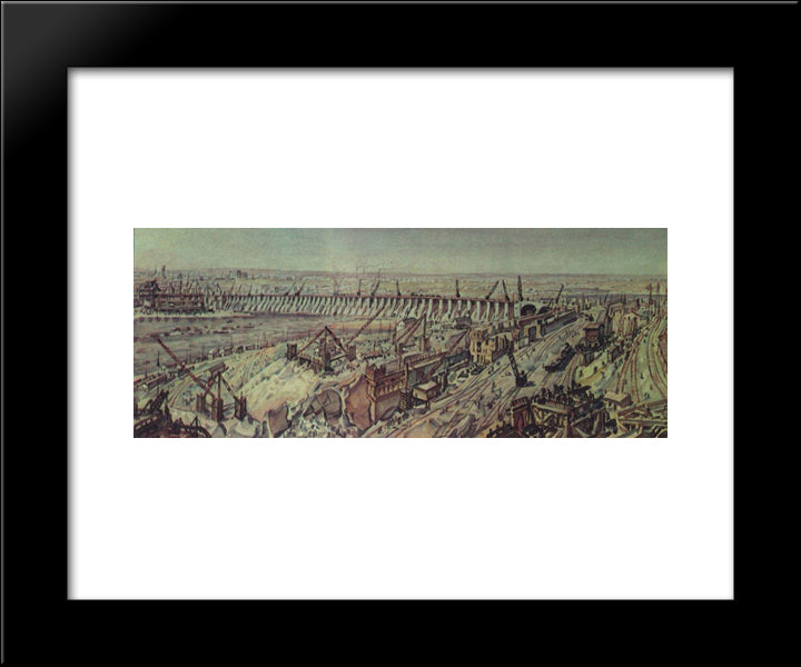 Panorama Of Construction Of Dnieper Hydroelectric Station 20x24 Black Modern Wood Framed Art Print Poster by Bogaevsky, Konstantin