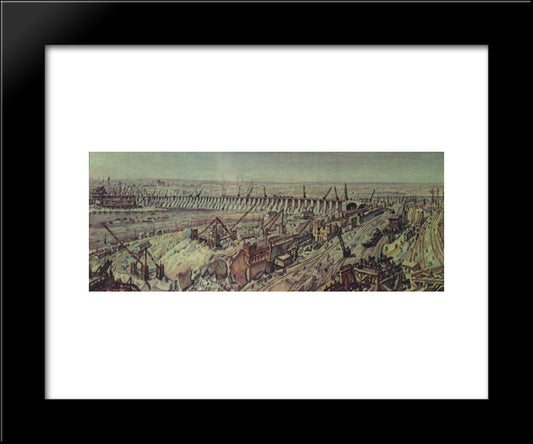 Panorama Of Construction Of Dnieper Hydroelectric Station 20x24 Black Modern Wood Framed Art Print Poster by Bogaevsky, Konstantin