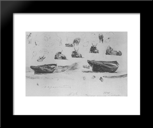 Study Of Boats And Cows 20x24 Black Modern Wood Framed Art Print Poster by Bogaevsky, Konstantin