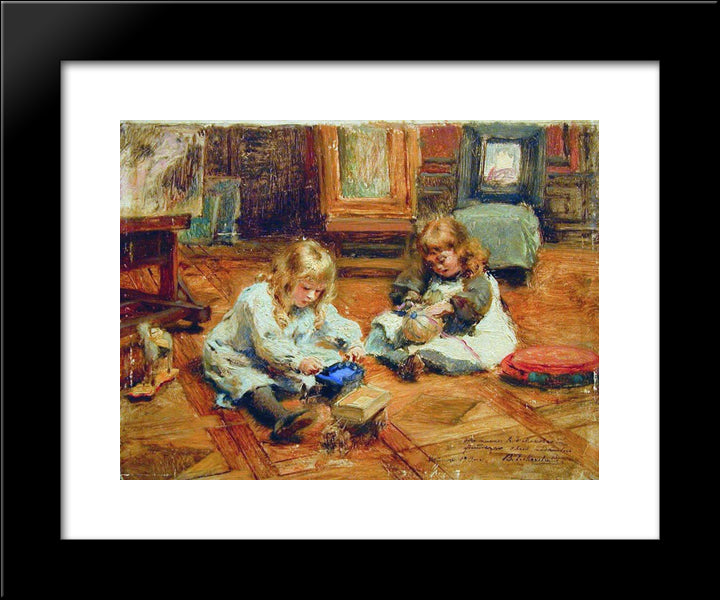 Children Playing In The Workshop 20x24 Black Modern Wood Framed Art Print Poster by Makovsky, Konstantin